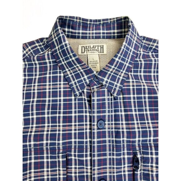 Duluth Size Large Mens Navy Tan Red Check Zip Pocket Back Vent Button Down Shirt - Picture 1 of 11
